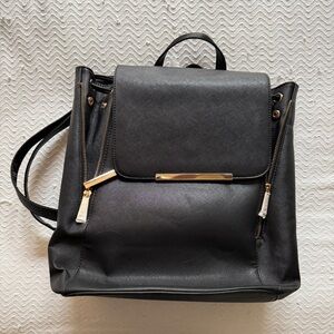 Black Faux Leather Backpack Purse with Gold Accents